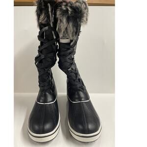 New Aleader Womens Size 7 Winter Snow Boots Waterproof Black Faux Fur Lace Up